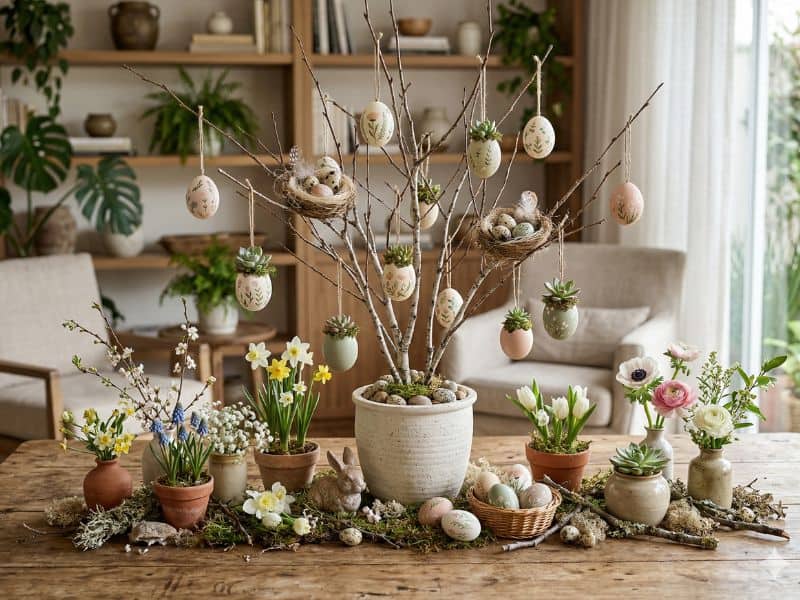 como usar a casquinha de ovo na decoração da árvore de Páscoa com suculentas