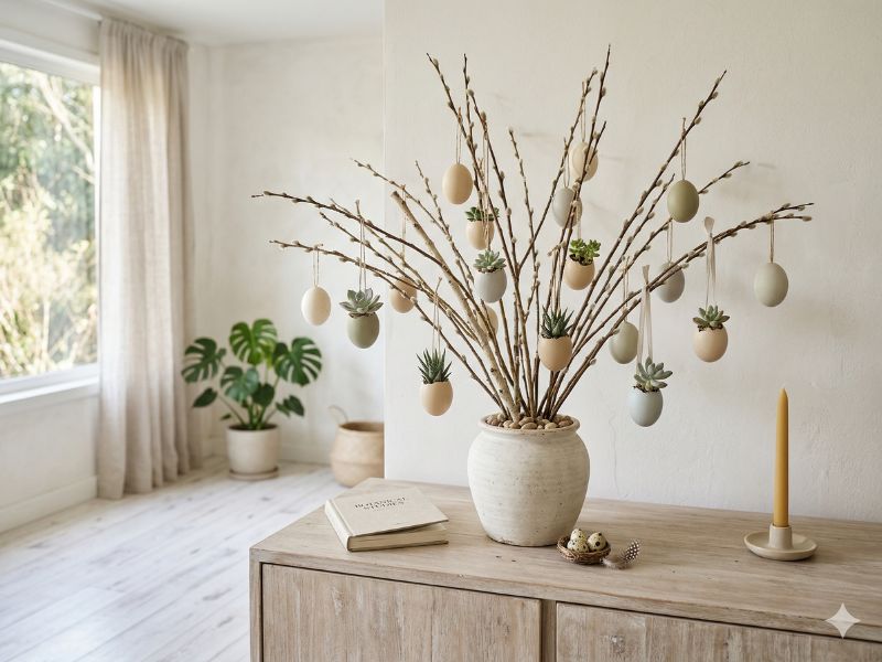 como valorizar a composição no ambiente com árvore de Páscoa e suculentas