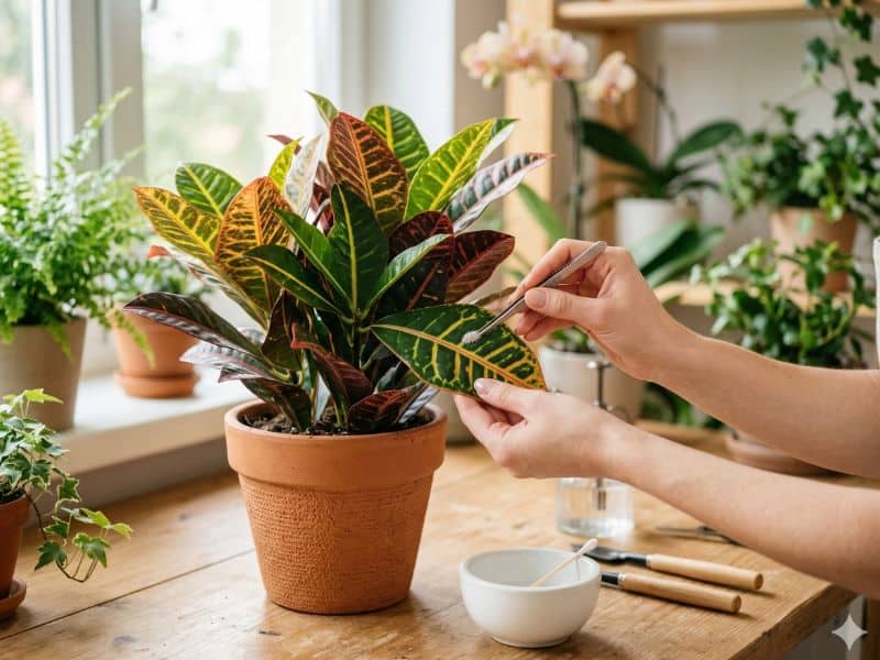 cróton em vaso com limpeza manual das folhas para controle de pragas