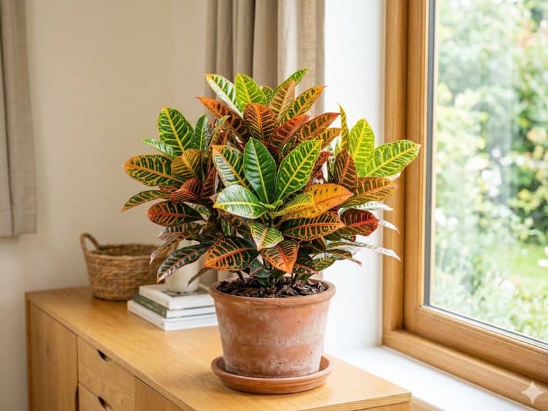 cróton planta em vaso com folhas coloridas dentro de casa
