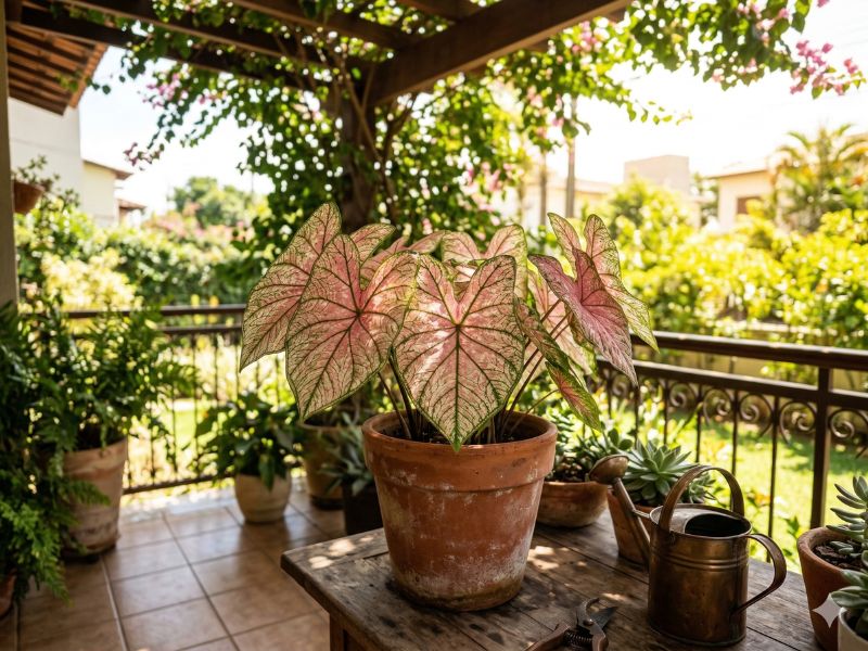 cultivo em vasos de caladium (tinhorão) em varanda com luz indireta