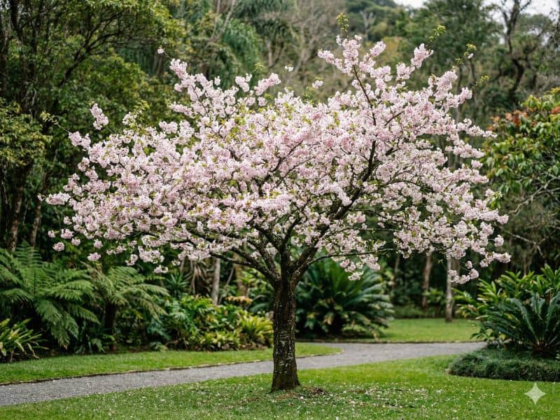 árvore sakura florida representando diferenças entre cerejeira e variedades ornamentais