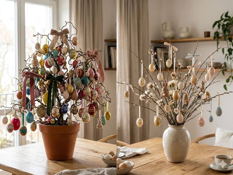 comparação de erros comuns na montagem da árvore de Páscoa com excesso e equilíbrio na decoração