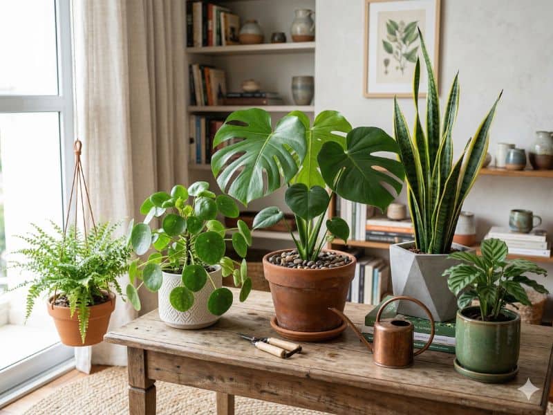 Plantas em vasos organizadas em ambiente interno iluminado para seção de FAQ sobre cultivo
