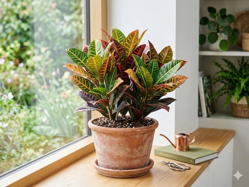 cróton em vaso perto da janela com solo drenado e folhas saudáveis