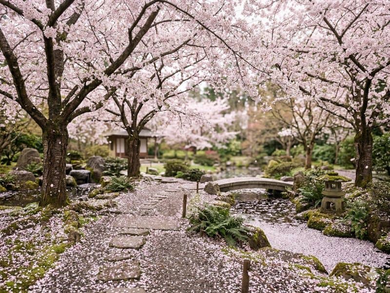 hanami com cerejeira do japão florida em jardim contemplativo