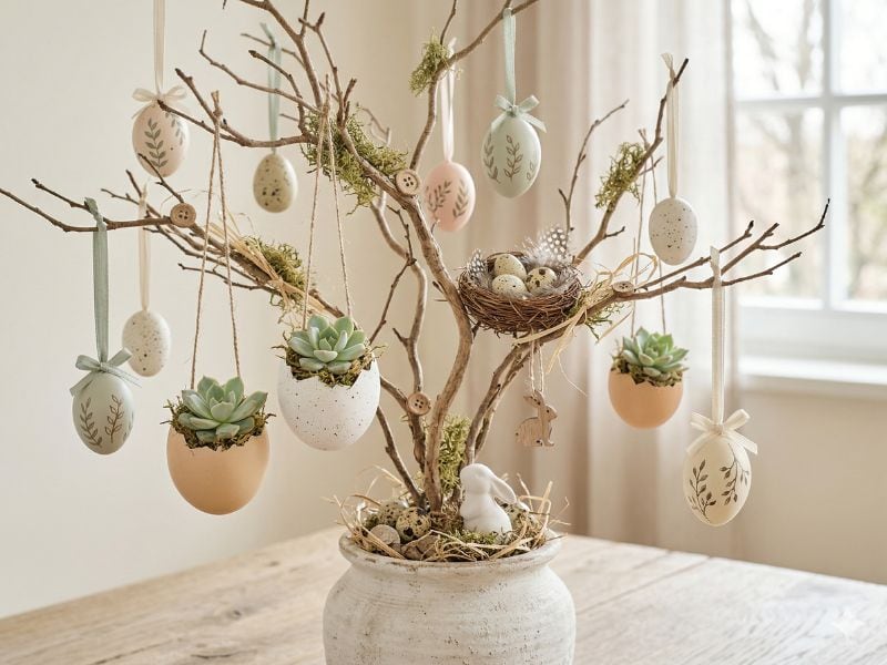 ideias de enfeites para árvore de Páscoa com toque botânico e suculentas