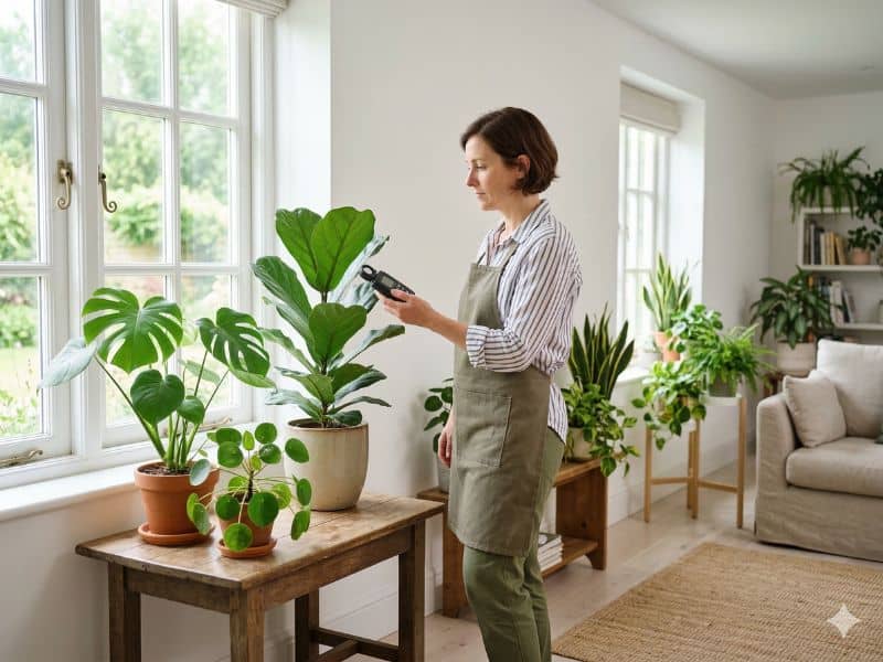 Iluminação para plantas de interior sendo avaliada dentro de casa com plantas próximas à janela