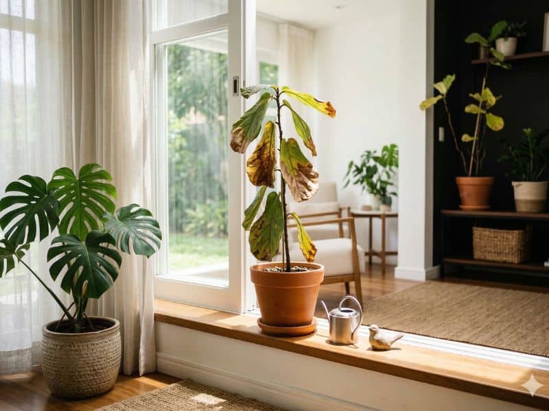 Iluminação para plantas de interior com erro de posicionamento causando folhas secas e perda de vigor perto da janela