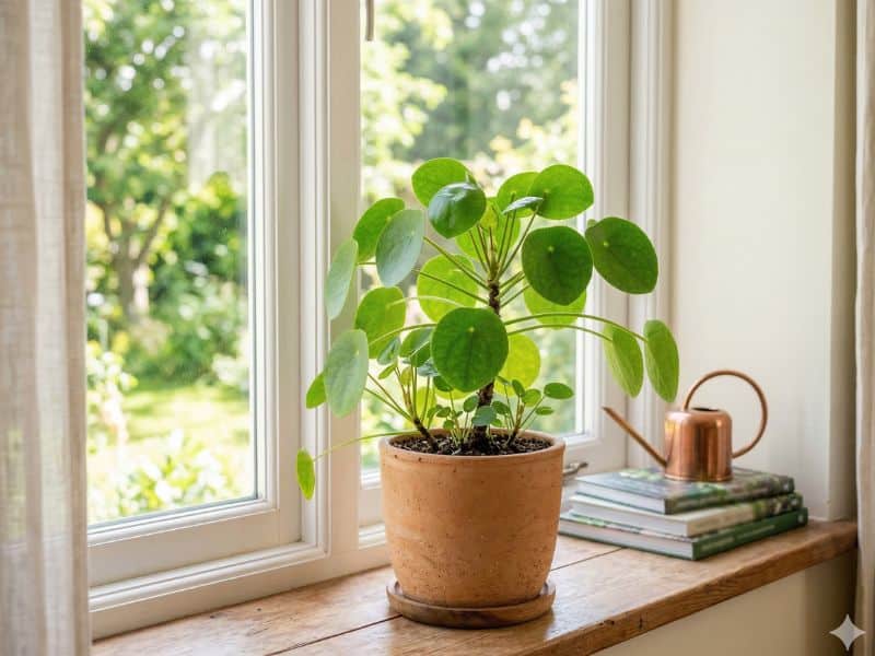 Iluminação para plantas de interior com vaso próximo à janela recebendo luz natural para crescimento saudável