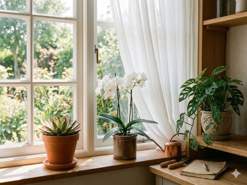 Iluminação para plantas de interior com exemplos de luz direta, indireta e filtrada perto da janela