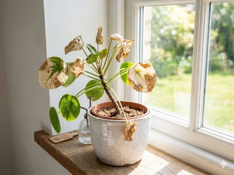 Iluminação para plantas de interior com sinais de excesso de sol em folhas queimadas perto da janela