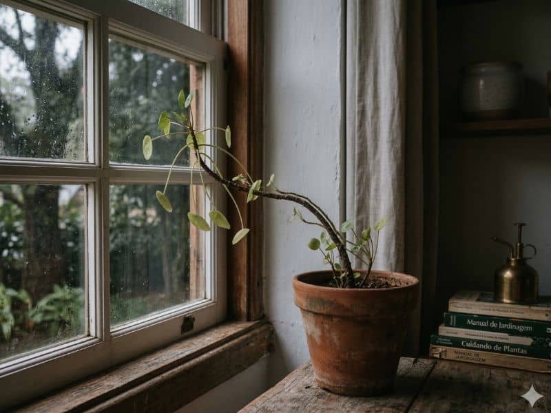 Iluminação para plantas de interior com sinais de pouca luz em planta alongada e inclinada em direção à janela
