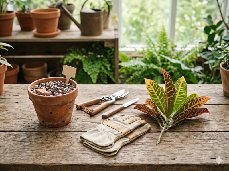 materiais para fazer muda de cróton com vaso, luvas, tesoura e estaca