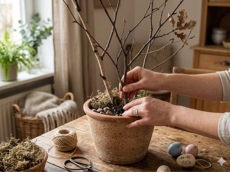 materiais para a base da árvore de Páscoa com galhos secos em vaso
