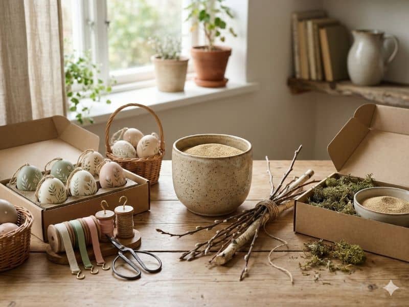 materiais para fazer árvore de Páscoa com galhos secos e ovos decorados