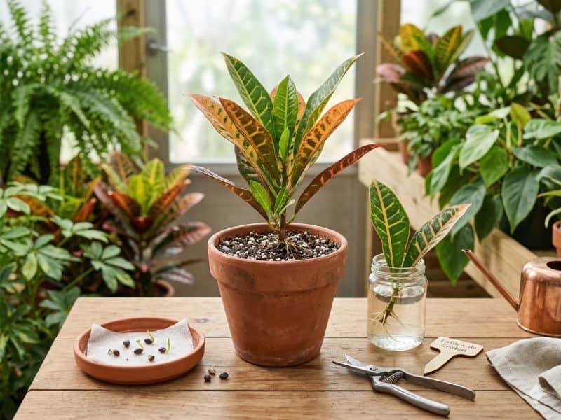 muda de cróton com sementes e estaca ao lado do vaso