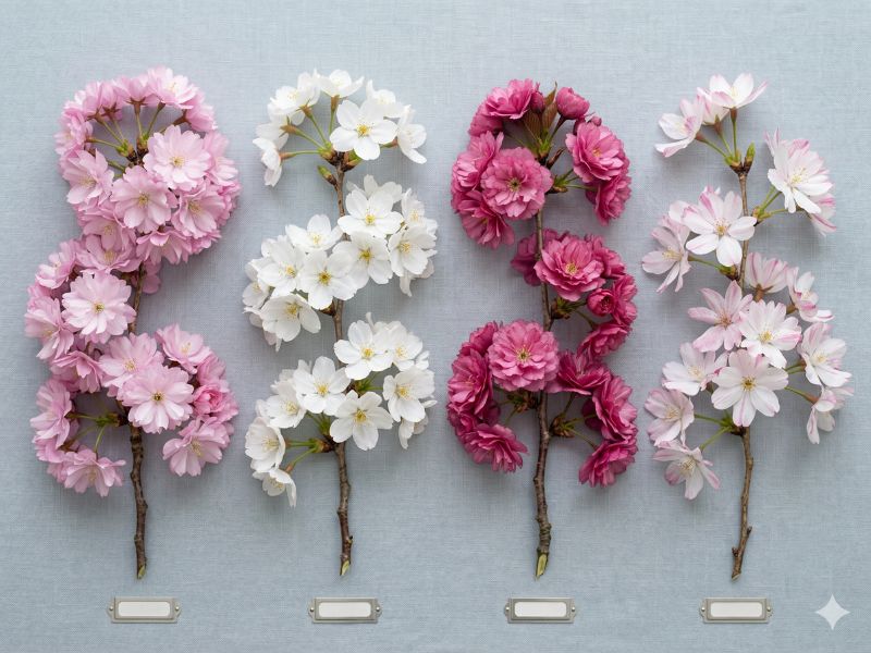 cerejeira do japão com flores brancas, rosadas e variedades ornamentais