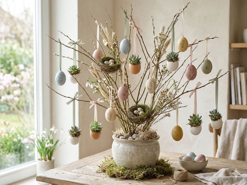 árvore de Páscoa com ovos decorados e suculentas representando a Osterbaum