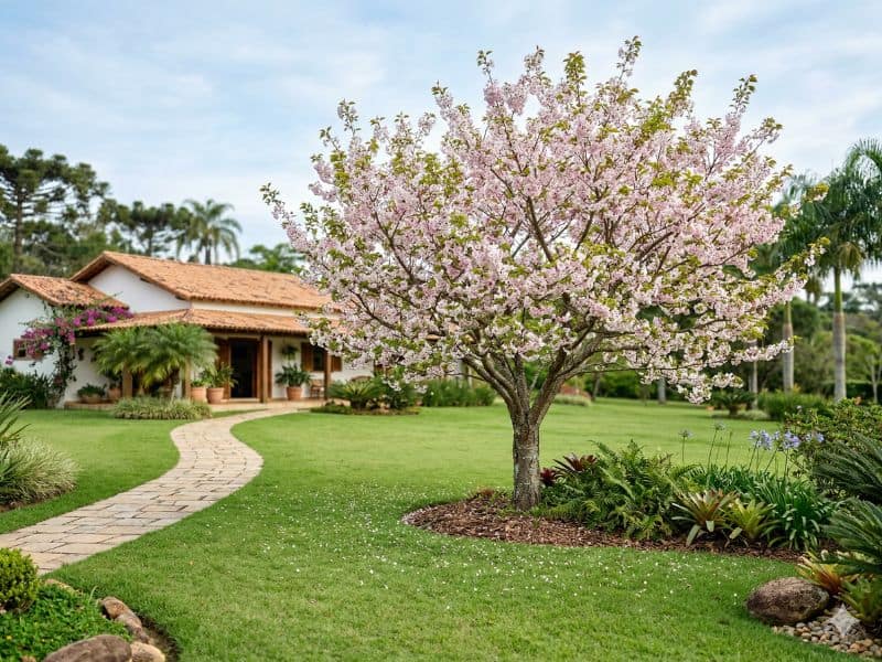 cerejeira japonesa cultivada em jardim residencial amplo e bem cuidado