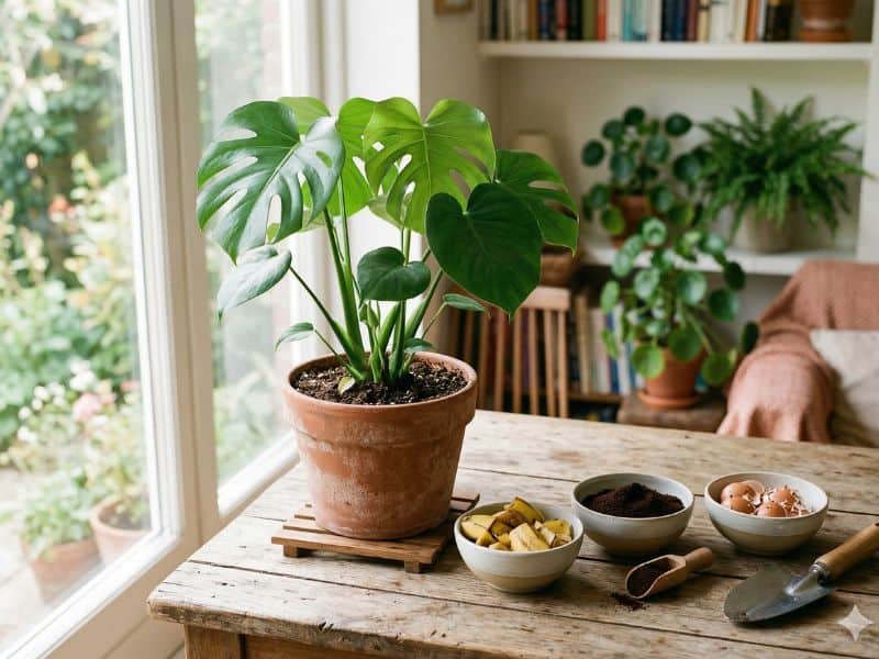 Adubo caseiro para plantas com ingredientes naturais ao lado de planta em vaso