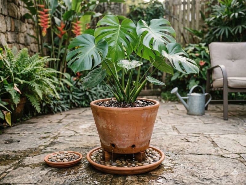 Plantas em vasos com drenagem correta em vaso de barro mostrando a saída de água pelo recipiente