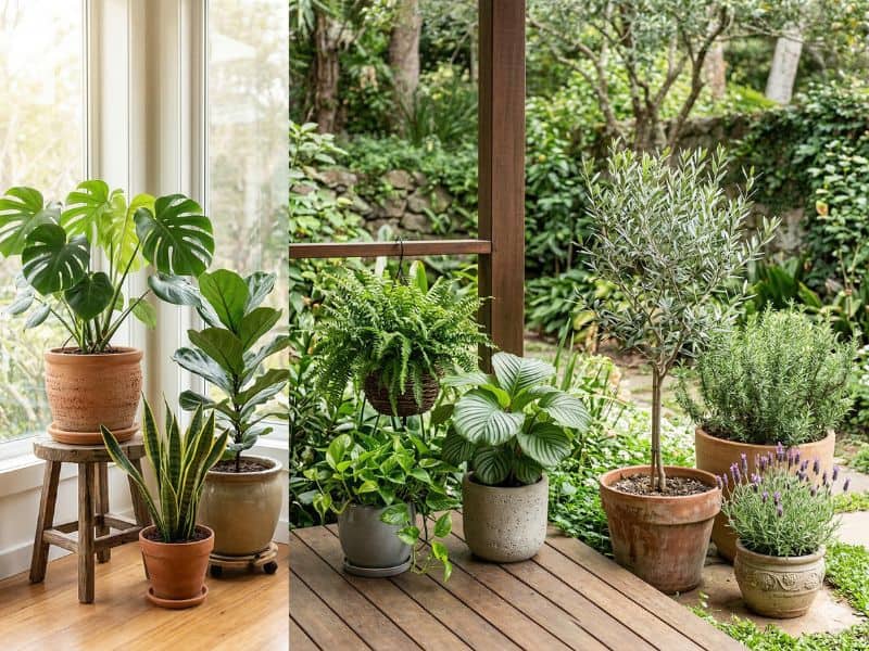 Plantas em vasos posicionadas em ambientes internos e externos com luz adequada em diferentes espaços
