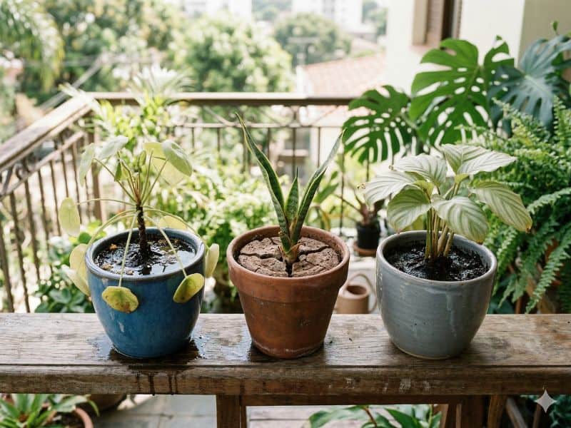 Plantas em vasos mostrando erros comuns de cultivo como excesso e falta de água