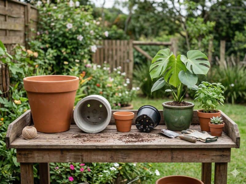 Plantas em vasos e recipientes com furos de drenagem mostrando o que observar antes de escolher