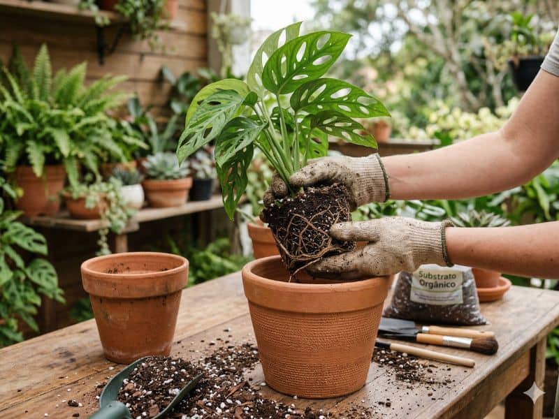 Plantas em vasos durante transplante para recipiente maior com raízes expostas e substrato novo