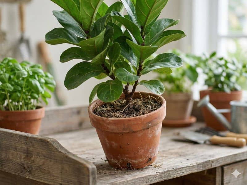 Plantas em vasos com raízes aparentes e recipiente apertado mostrando sinais de vaso pequeno