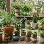 Plantas em vasos organizadas em varanda residencial com diferentes recipientes e folhagens saudáveis