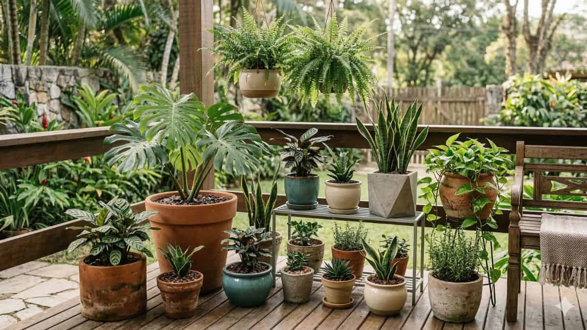 Plantas em vasos organizadas em varanda residencial com diferentes recipientes e folhagens saudáveis