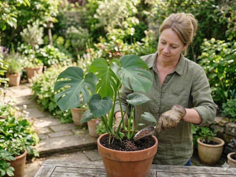 Adubação para plantas em vaso com aplicação cuidadosa de nutrientes para fortalecer o crescimento
