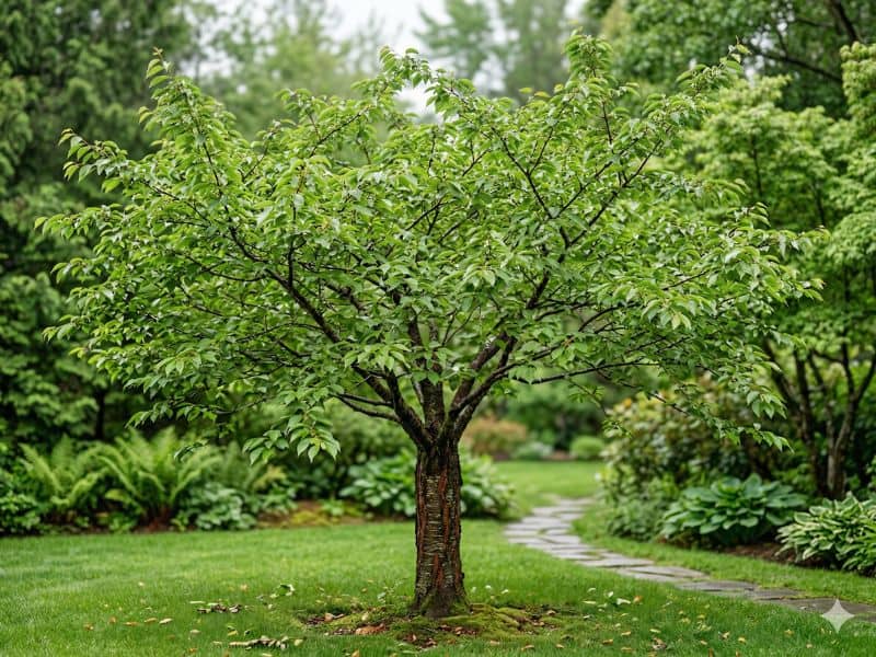 cerejeira do japão sem flor em jardim com copa verde saudável