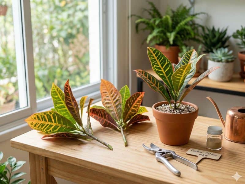 propagação de cróton por estacas com ramos, vaso e tesoura de poda