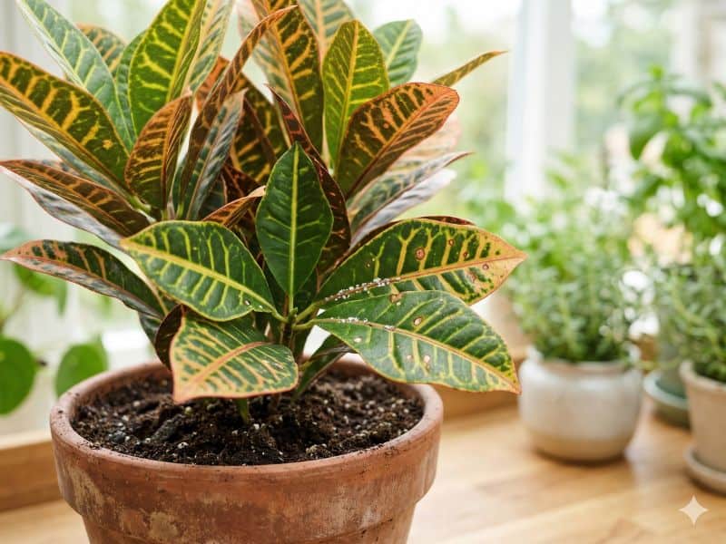 cróton em vaso com sinais de pragas nas folhas