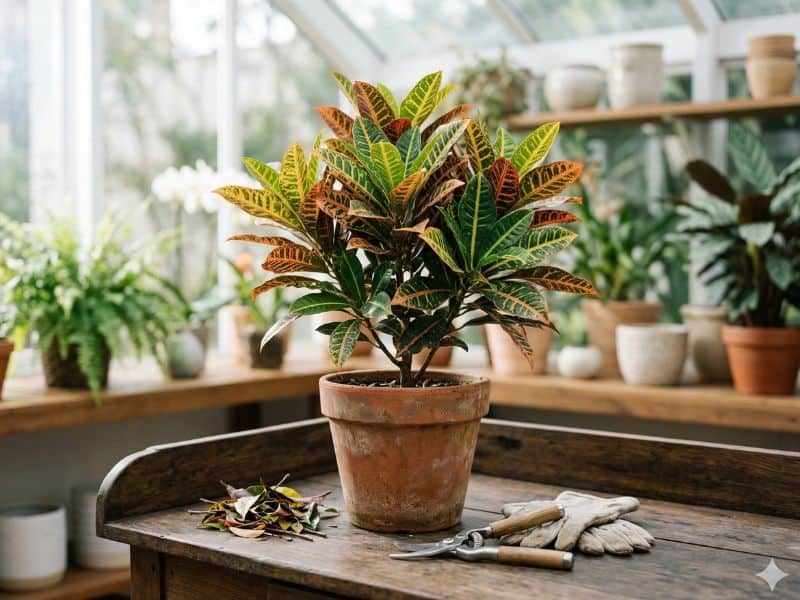 cróton em vaso com tesoura de poda, luvas e folhas retiradas