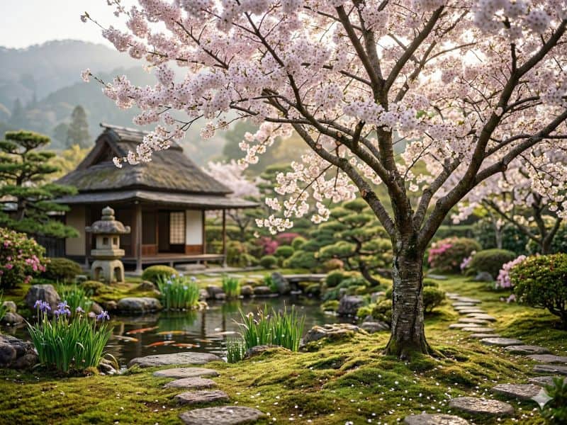 cerejeira do japão florida em paisagem serena representando a florada