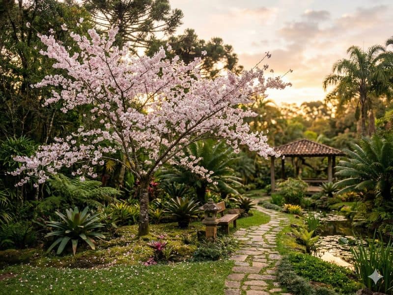 cerejeira do japão florida em jardim contemplativo ao entardecer