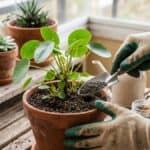 adubação de plantas em vasos com aplicação de adubo granulado em planta cultivada em vaso