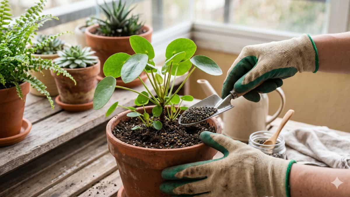 adubação de plantas em vasos com aplicação de adubo granulado em planta cultivada em vaso