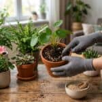 adubo de liberação lenta em plantas em vasos com aplicação cuidadosa em cultivo doméstico