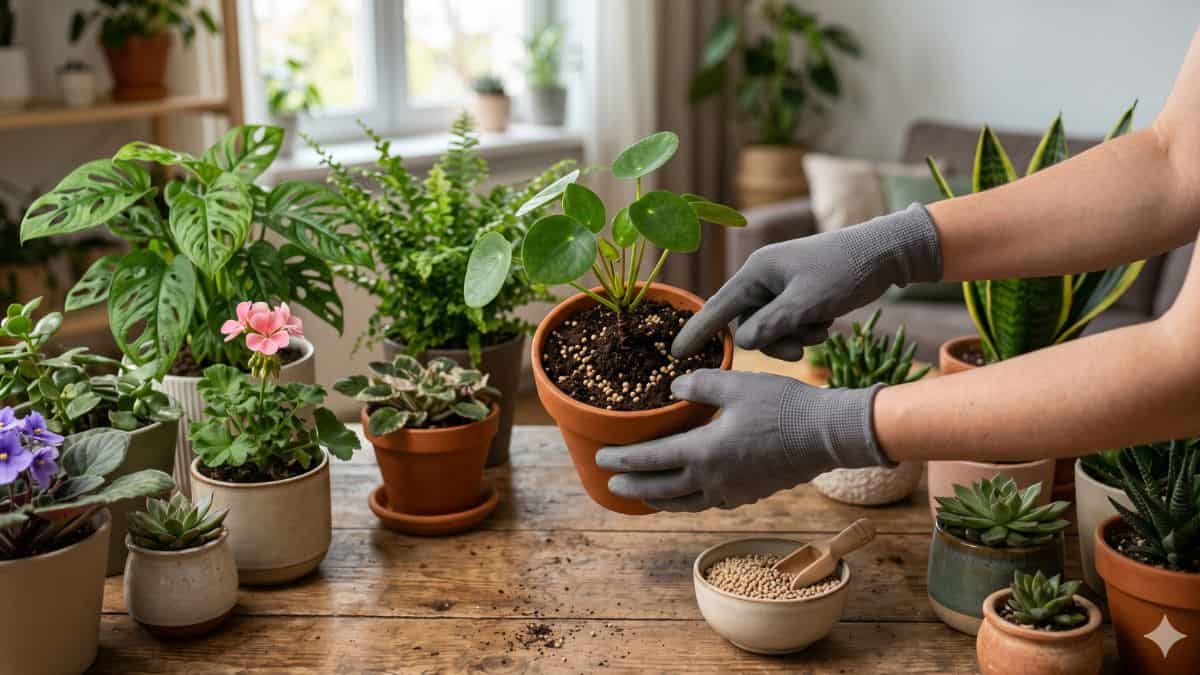 adubo de liberação lenta em plantas em vasos com aplicação cuidadosa em cultivo doméstico