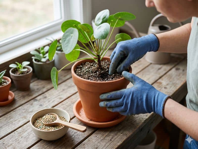 Adubo de liberação lenta em vasos sendo aplicado com cuidado em planta cultivada em vaso dentro de casa