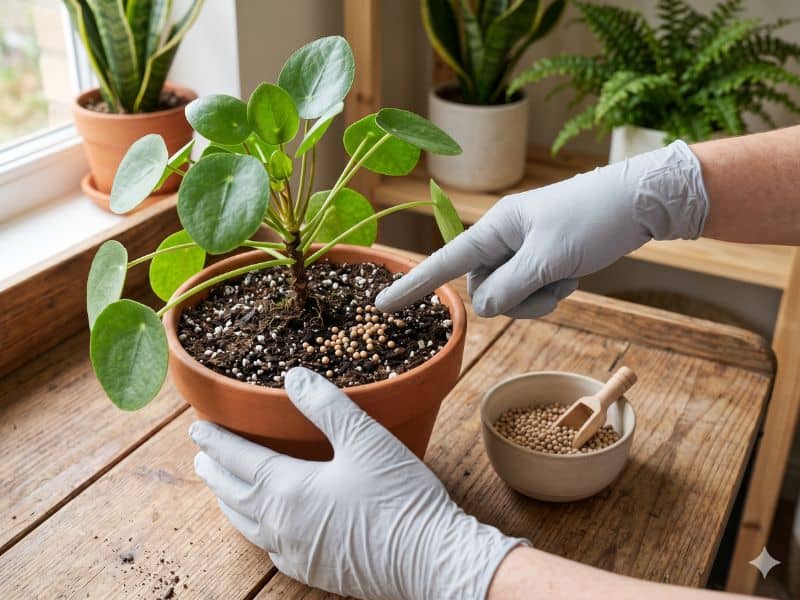 adubo de liberação lenta em vaso mostrando grânulos no substrato e aplicação cuidadosa