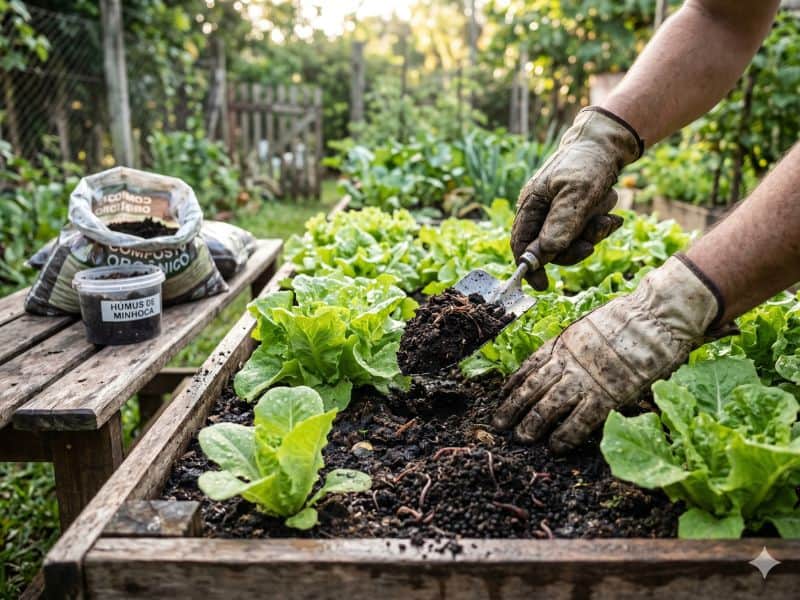 adubo orgânico para alface aplicado em canteiro de horta caseira com húmus de minhoca