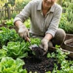 adubo orgânico para hortaliças sendo aplicado em canteiro de horta caseira