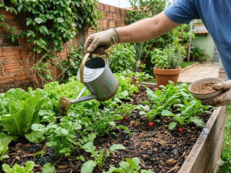 adubo orgânico para hortaliças com aplicação de biofertilizante e bokashi no canteiro