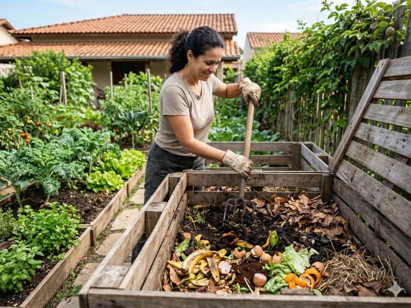 adubo orgânico para hortaliças com compostagem caseira em processo de preparo